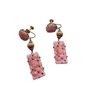 Antique Rare Pink Peking Glass Art Deco Sterling Screw Back Dangling Earrings